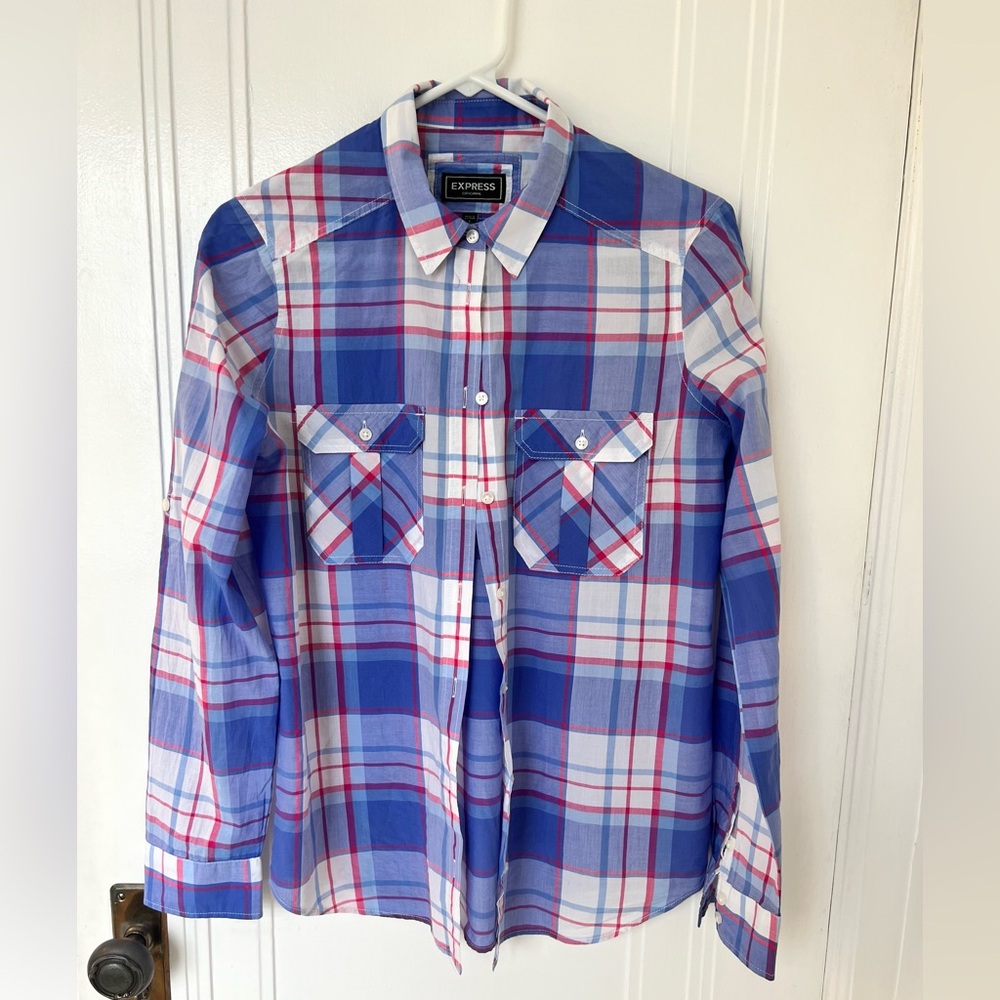 Express Women's Pink and Blue Plaid Button-up Shirt with Tab Roll Sleeves